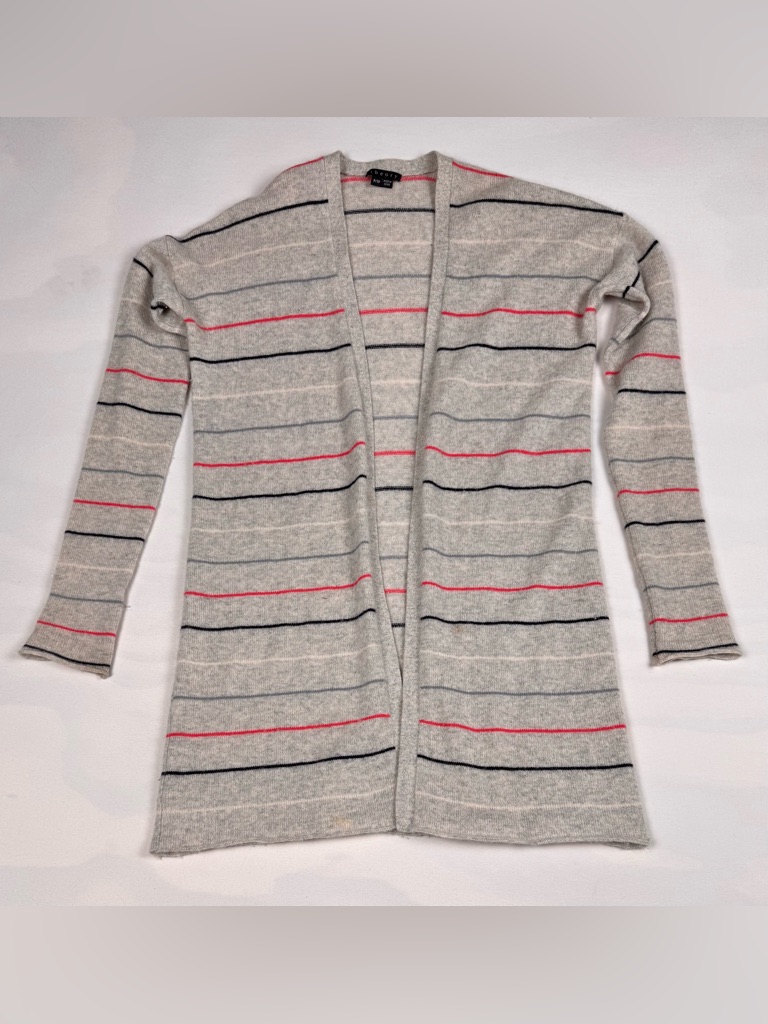 Theory Nela Cashmere Open Front Gray Stripes Cardigan Women’s P/Tp